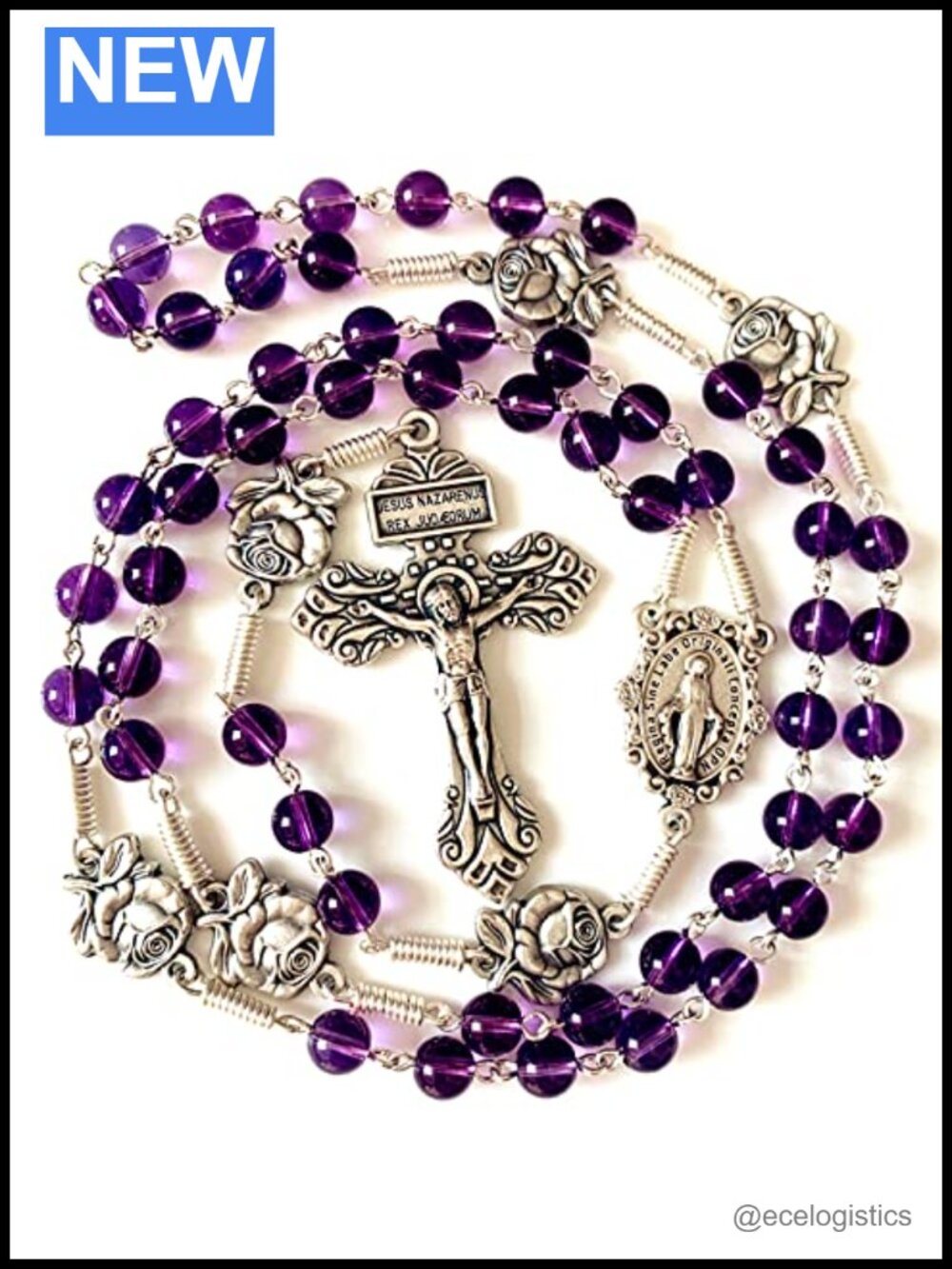Handmade Catholic Amethyst Beaded Rosary Necklace with Our Lady of Grace Cross